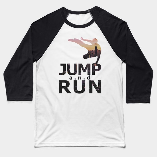 Jump and Run Cityscape Baseball T-Shirt by UB design